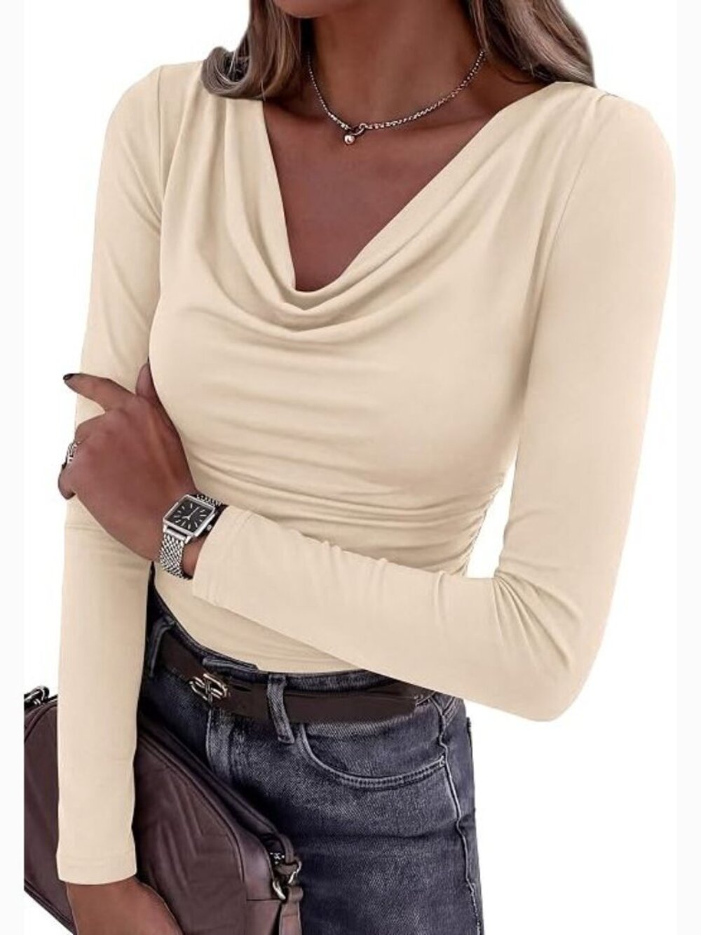 Long Sleeve Cowl Neck Ruched Slim Fit Top